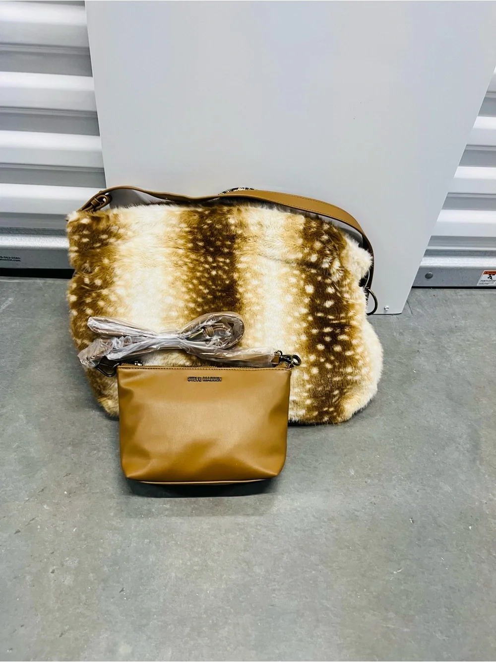 NWT viral Steve Madden Faux Fur Deer Print Hobo Bag + Matching Pouch -
